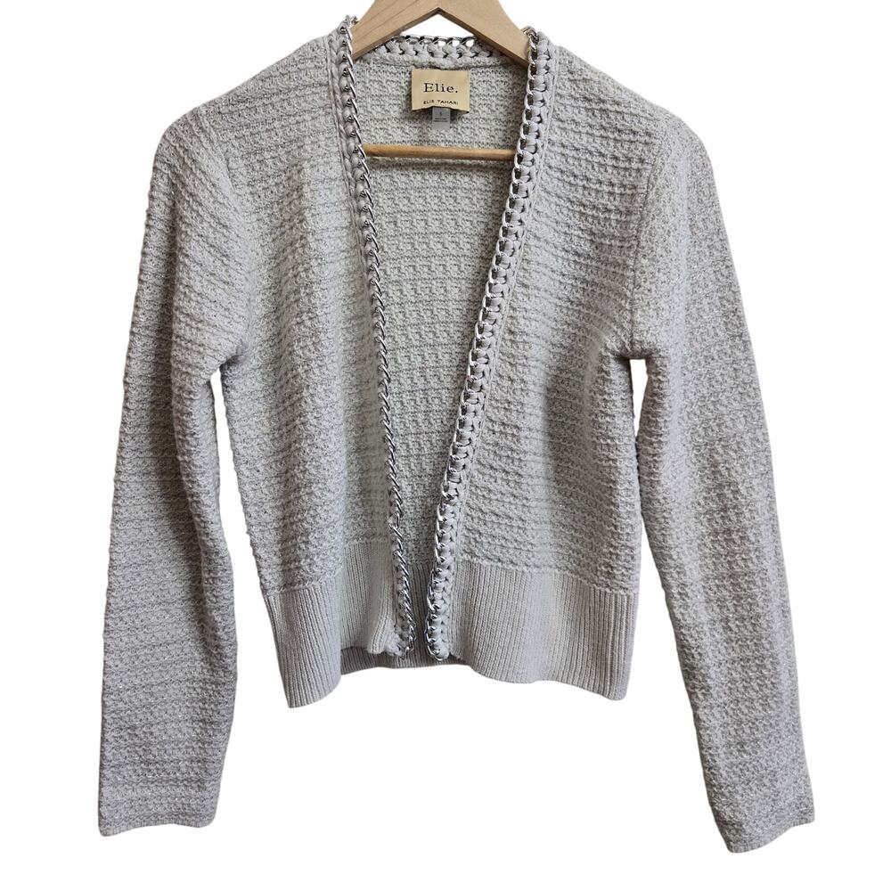 Elie Tahari Womens Chain Embellished Metallic Wool Blend Knit Cardigan Sweater S